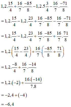 Tính một cách hợp lí: 1,2x15/4+16/7x-85/8-1,2x5 3/4-16/7x-71/8 (ảnh 1)