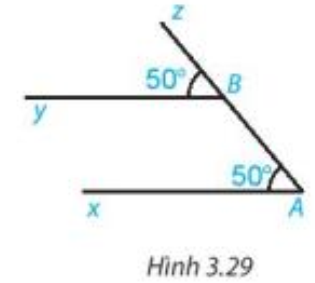 Cho Hình 3.29, biết góc xAz=50 độ, góc yBz=50 độ. Giải thích vì sao Ax // By (ảnh 1)