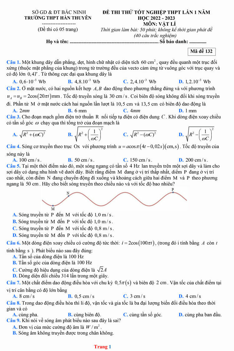 Đề thi thử THPT Quốc gia môn Vật lí năm 2023 Trường THPT Hàn Thuyên (Bắc Ninh) (Có đáp án) (ảnh 1)