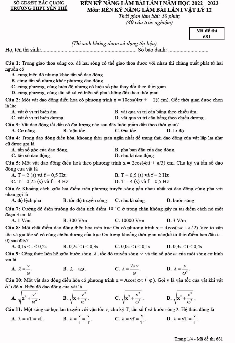 Đề thi thử THPT Quốc gia môn Vật lí năm 2023 Trường THPT Yên Thế (Bắc Giang) (Có đáp án) (ảnh 1)
