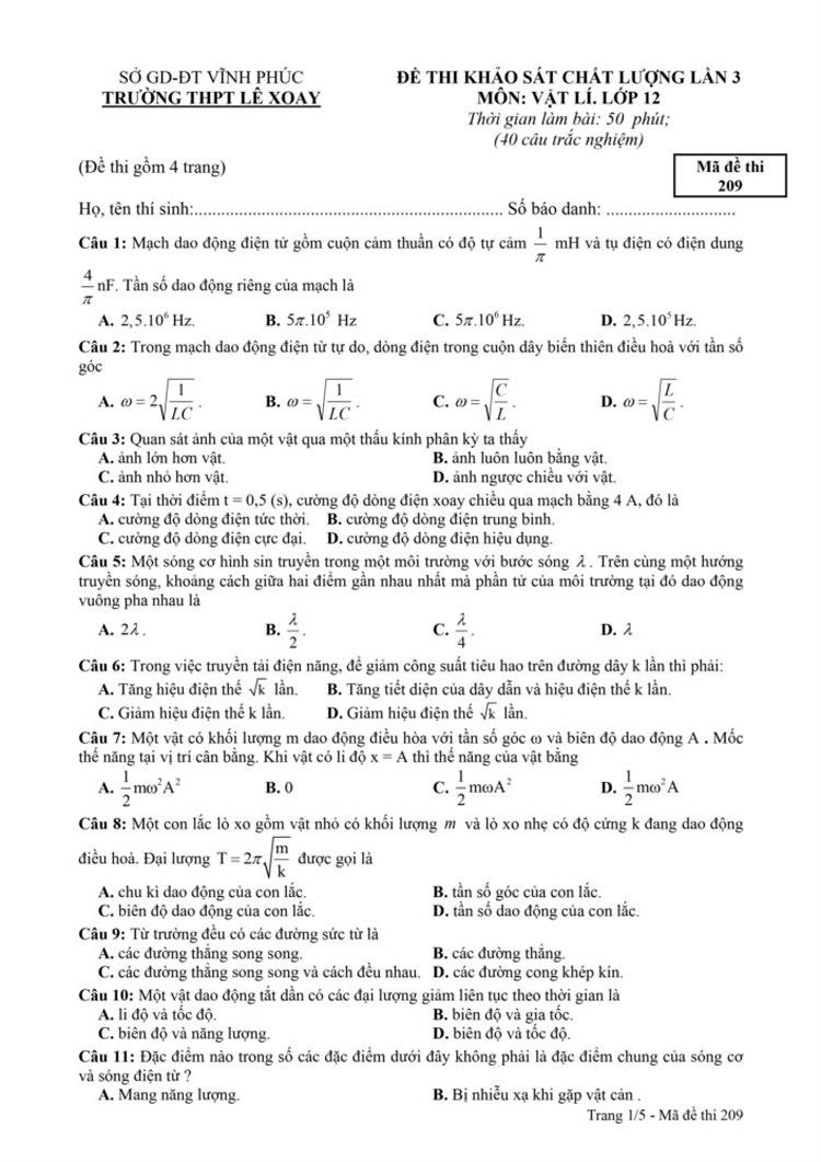 Đề thi thử THPT Quốc gia môn Vật lí năm 2023 Trường THPT Lê Xoay(Vĩnh Phúc) (Có đáp án) (ảnh 1)