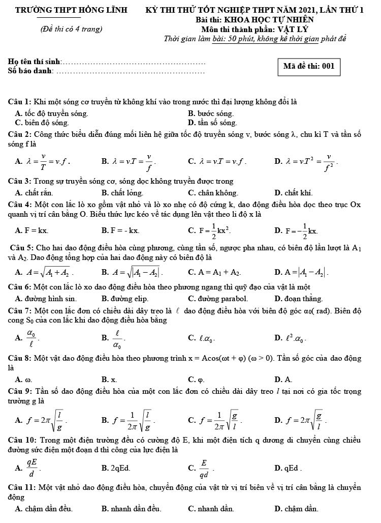 Đề thi thử THPT Quốc gia môn Vật lí năm 2023 Trường THPT Hồng Lĩnh (Hà Tĩnh) (Có đáp án) (ảnh 1)