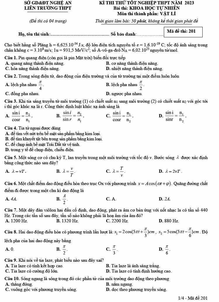 Đề thi thử THPT Quốc gia môn Vật lí năm 2023 Liên trường Nghệ An (Có đáp án) (ảnh 1)