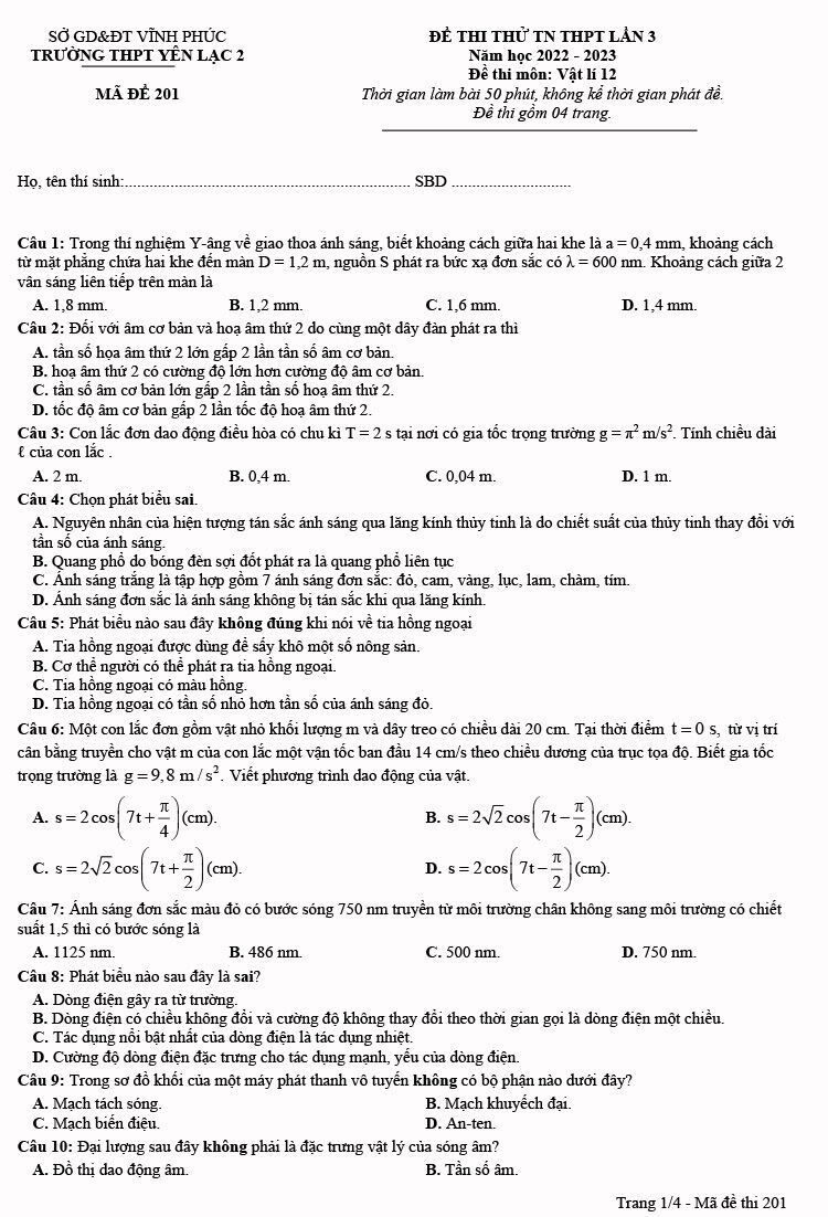 Đề thi thử THPT Quốc gia môn Vật lí năm 2023 Trường THPT Yên Lạc 2 (Vĩnh Phúc) (Có đáp án) (ảnh 1)