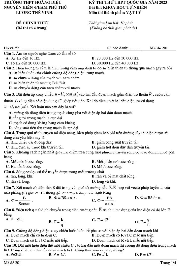 Đề thi thử THPT Quốc gia môn Vật lí năm 2023 Liên trường Nghệ An (Có đáp án) (ảnh 1)