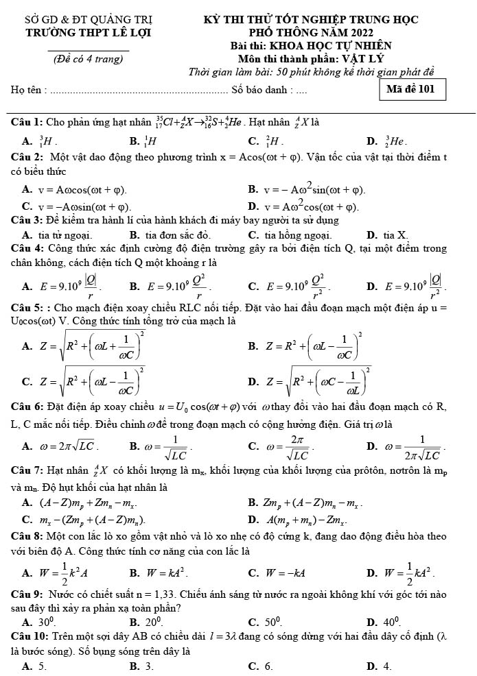 Đề thi thử THPT Quốc gia môn Vật lí năm 2023 Trường THPT Lê Lợi (Quảng Trị) (Có đáp án) (ảnh 1)