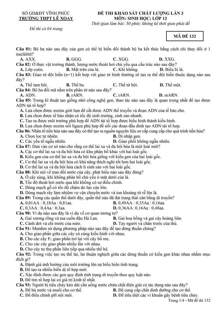 Đề thi thử THPT Quốc gia môn Sinh học năm 2023 Trường THPT Lê Xoay (Vĩnh Phúc) (Có đáp án) (ảnh 1)
