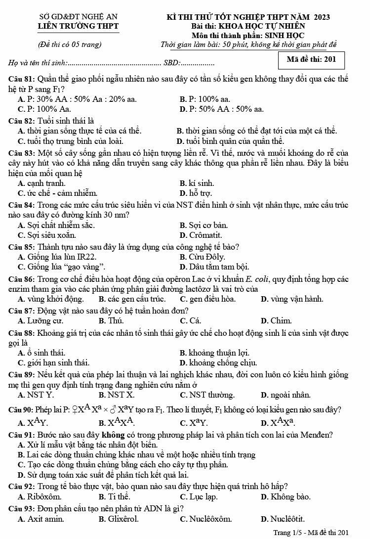 Đề thi thử THPT Quốc gia môn Sinh học năm 2023 Liên trường Nghệ An (Có đáp án) (ảnh 1)