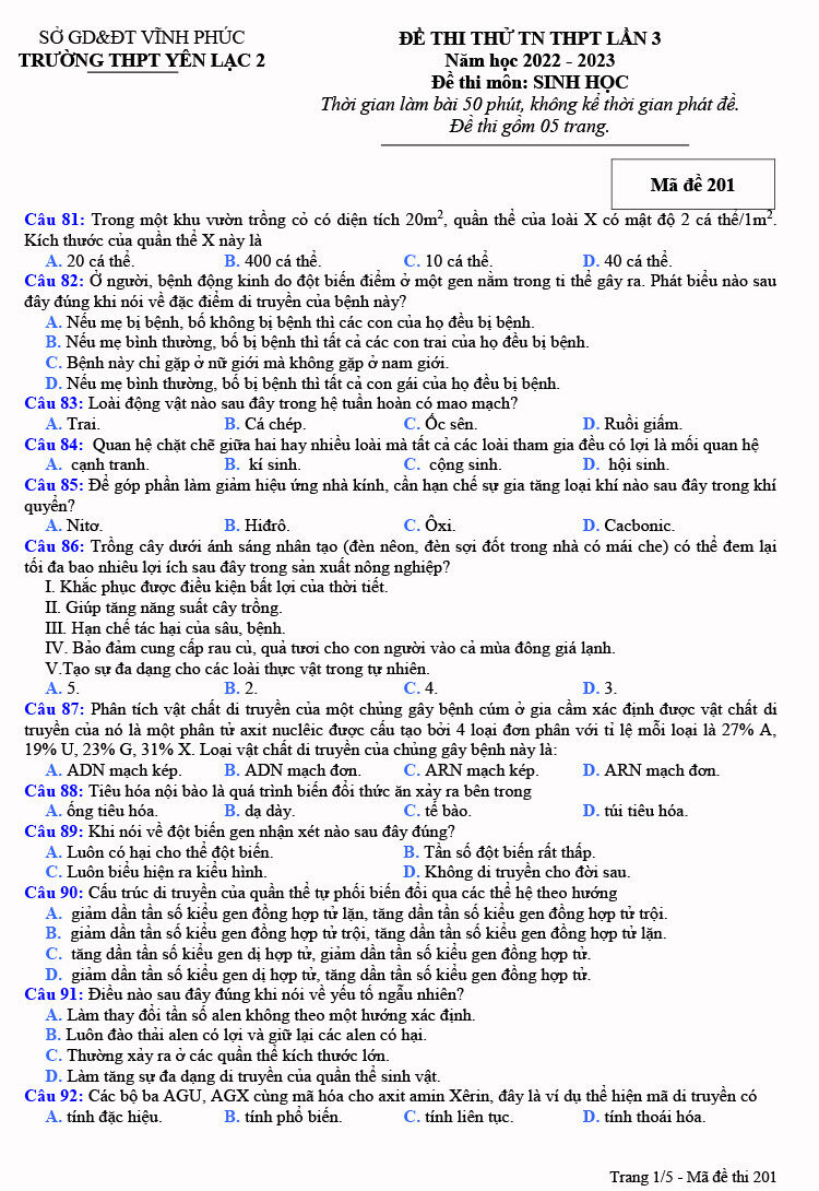 Đề thi thử THPT Quốc gia môn Sinh học năm 2023 Trường THPT Yên Lạc 2 (Vĩnh Phúc) (Có đáp án) (ảnh 1)