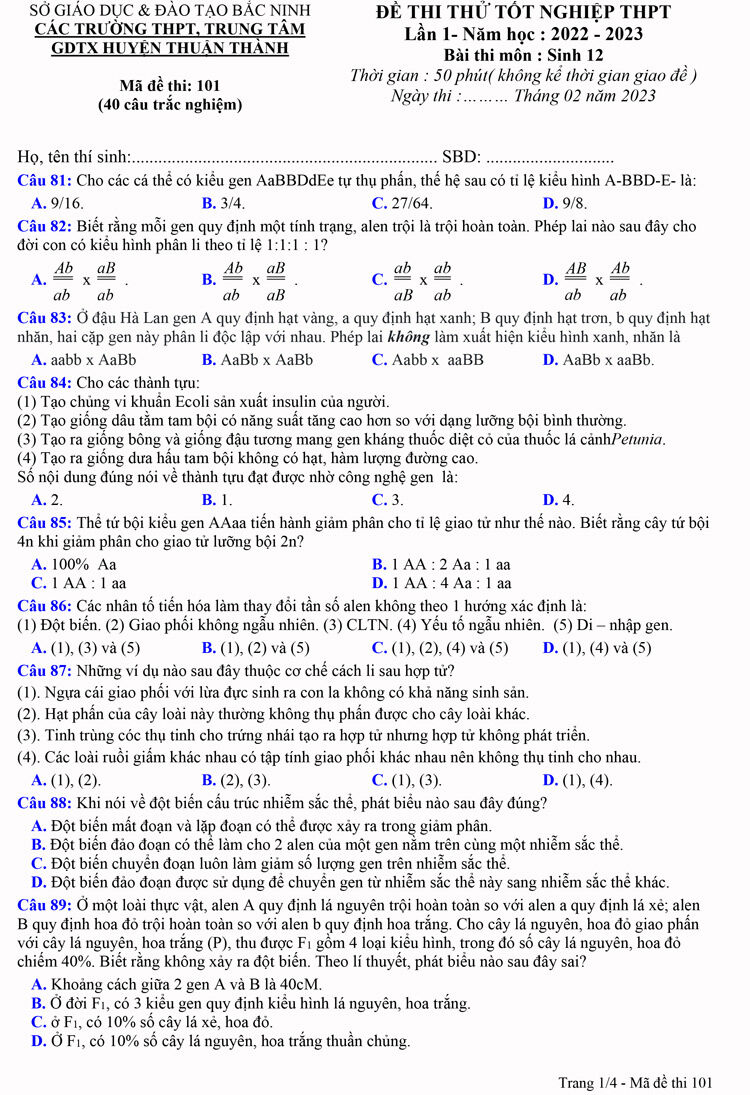 Đề thi thử THPT Quốc gia môn Sinh học năm 2023 Trường THPT Thuận Thành (Bắc Ninh) (Có đáp án) (ảnh 1)