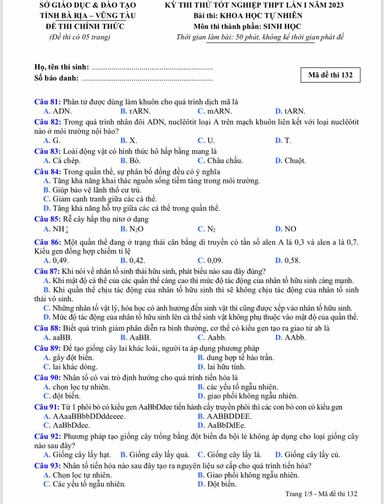 Đề thi thử THPT Quốc gia môn Sinh học năm 2023 Sở GD&ĐT Bà Rịa - Vũng Tàu (Có đáp án) (ảnh 1)