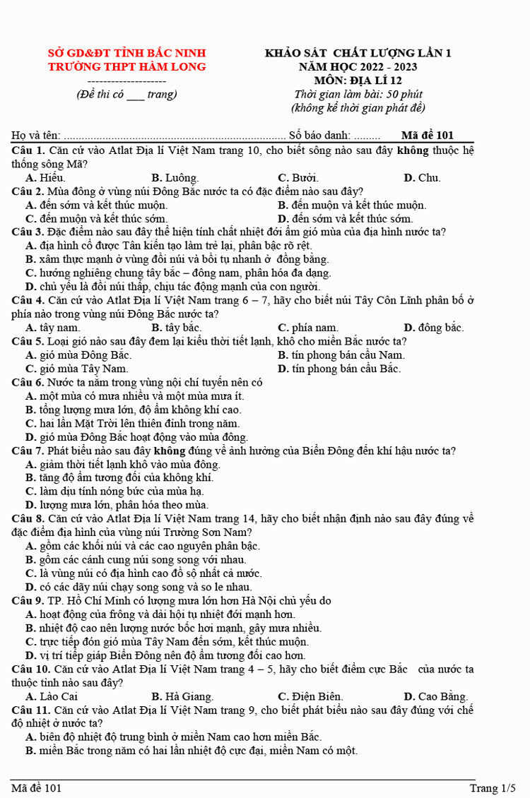 Đề thi thử THPT Quốc gia môn Địa lí năm 2023 Trường THPT Hàm Long (Bắc Ninh) (Có đáp án) (ảnh 1)