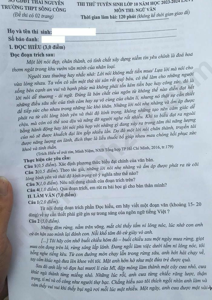 Đề thi thử vào 10 môn Ngữ văn năm 2023 trường THPT Sông Công (Thái Nguyên) (có đáp án) (ảnh 1)