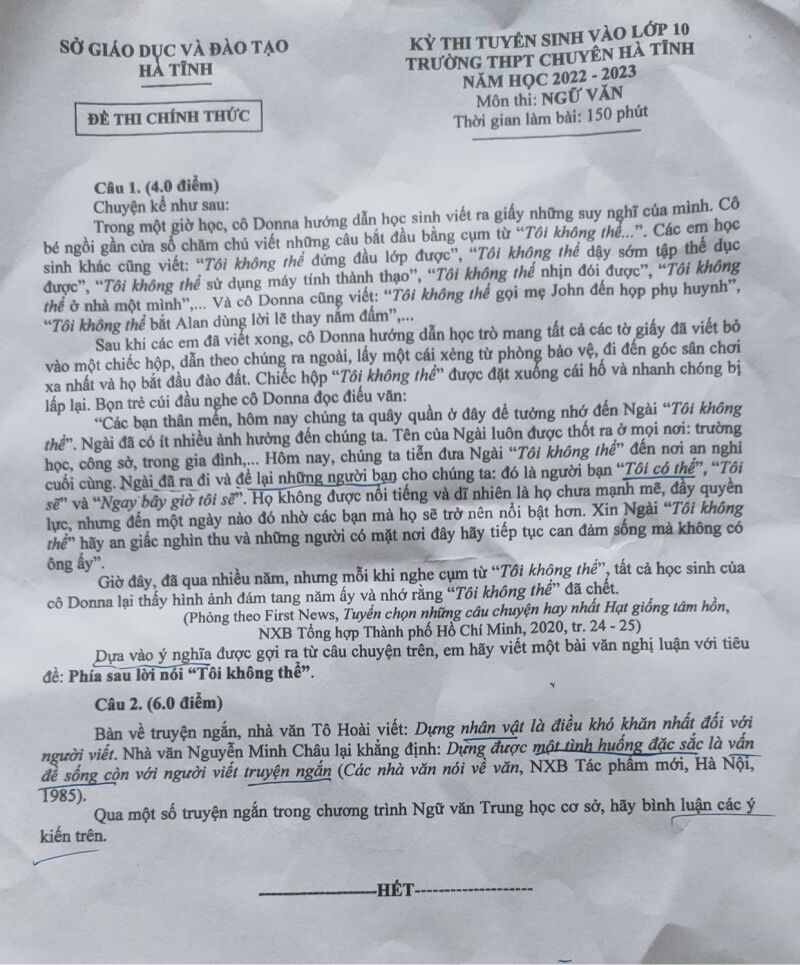 Đề thi chính thức vào 10 chuyên Văn năm 2022 Trường THPT Chuyên Hà Tĩnh (có đáp án) (ảnh 1)