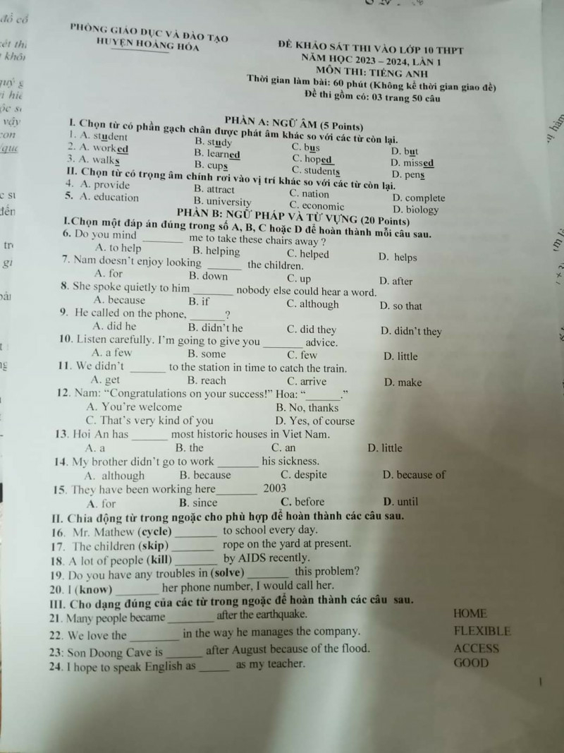 Đề thi thử vào 10 môn Tiếng Anh năm 2023 Phòng GD&ĐT Hoằng Hóa (Thanh Hóa) (có đáp án) (ảnh 1)