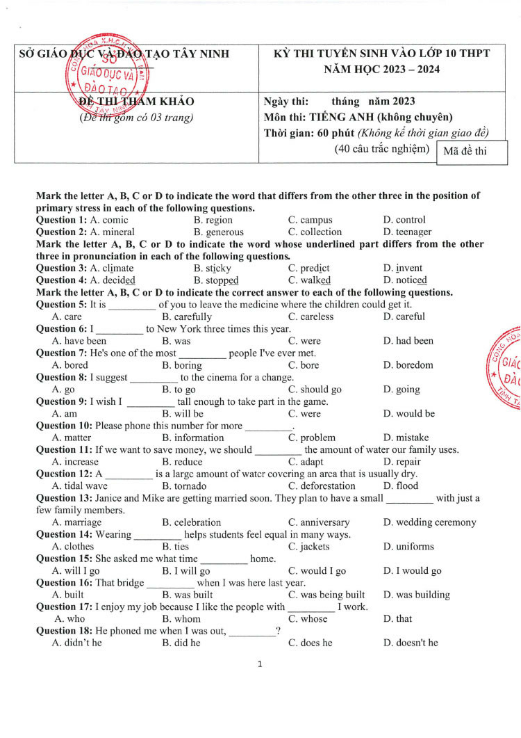 Đề thi thử vào 10 môn Tiếng Anh năm 2023 Sở GD&ĐT Tỉnh Tây Ninh (có đáp án) (ảnh 1)