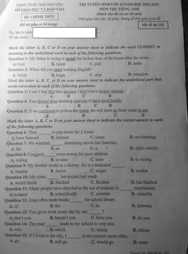 Đề thi chính thức vào 10 môn Tiếng Anh năm 2022 Thái Nguyên (có đáp án) (ảnh 1)