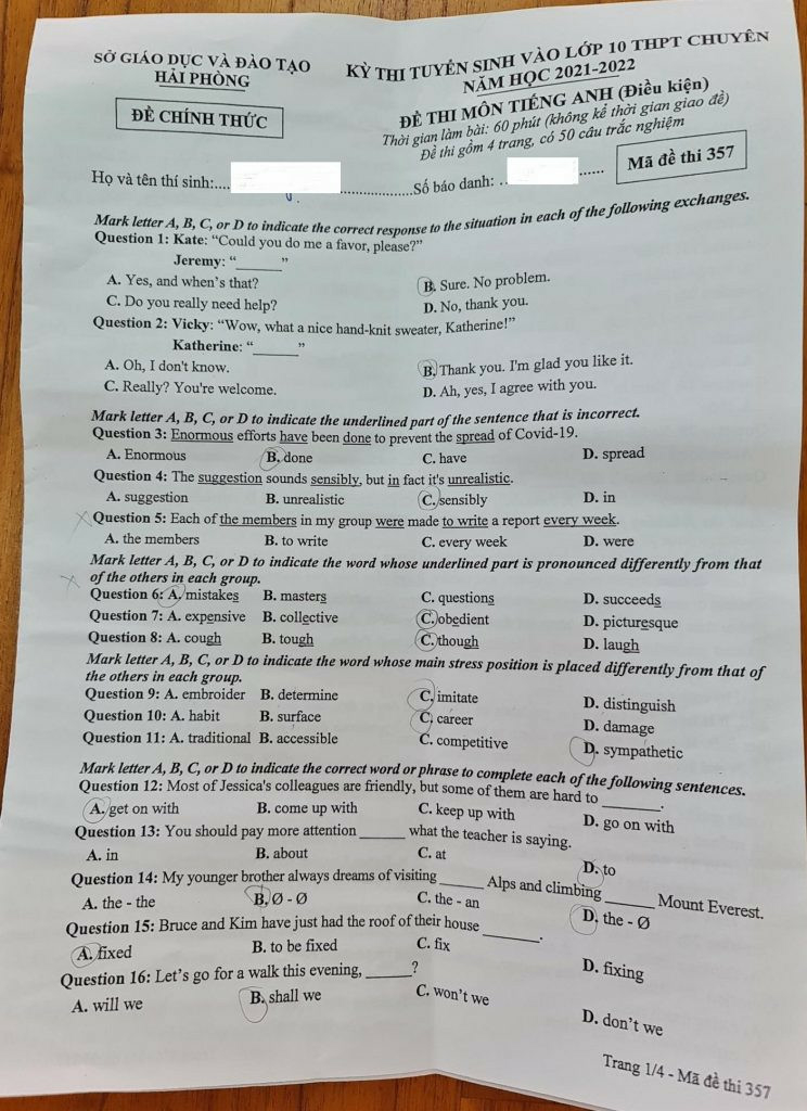 Đề thi chính thức vào 10 chuyên Anh năm 2022 trường THPT Chuyên Trần Phú - Hải Phòng (có đáp án) (ảnh 1)