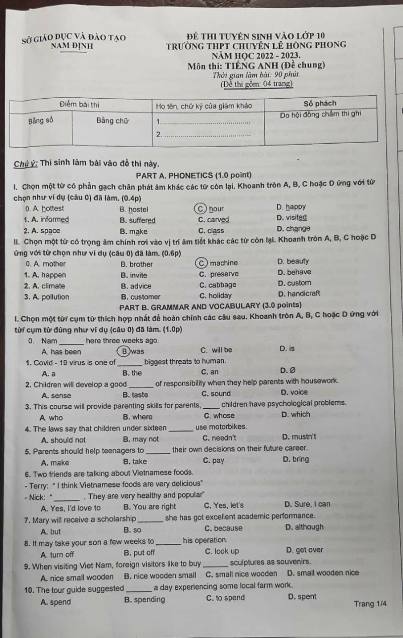 Đề thi chính thức vào 10 chuyên Anh năm 2022 trường THPT Chuyên Lê Hồng Phong - Nam Định (có đáp án) (ảnh 1)