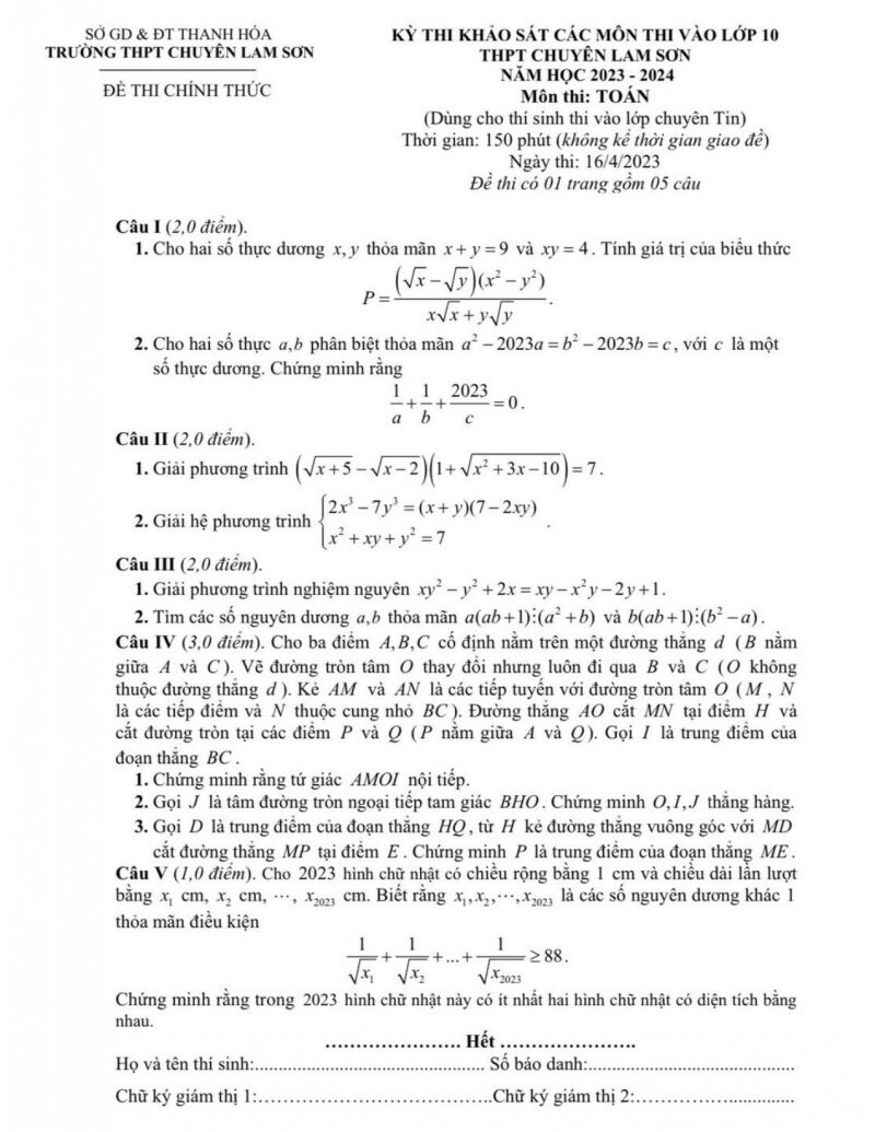 Đề thi thử vào 10 môn Toán (Tin) năm 2023 trường THPT Chuyên Lam Sơn - Thanh Hóa (có đáp án) (ảnh 1)
