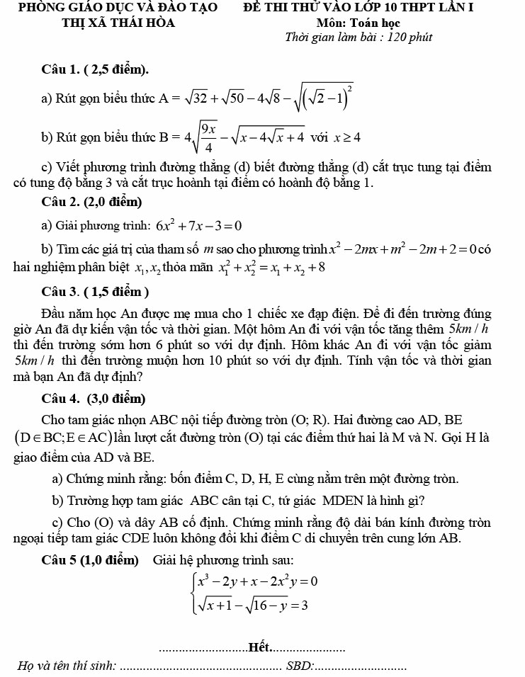Đề thi thử vào 10 môn Toán năm 2023 Phòng GD&ĐT Thị xã Thi Hoà - Nghệ An (có đáp án) (ảnh 1)