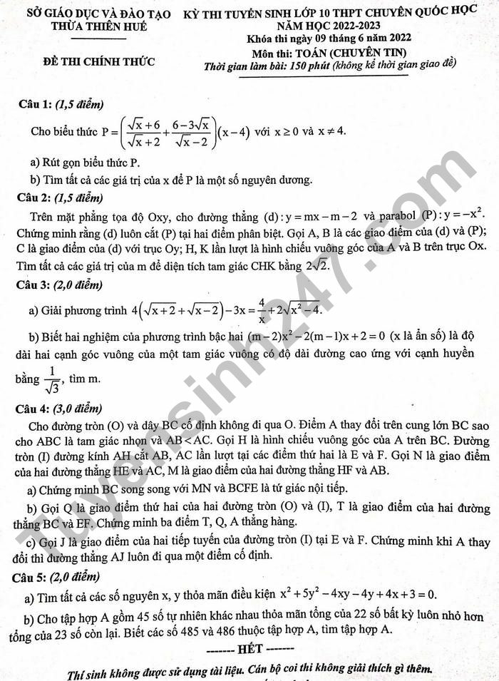 Đề thi chính thức vào 10 chuyên Toán (chuyên Tin) năm 2022 Trường THPT Chuyên Quốc Học Huế (có đáp án) (ảnh 1)