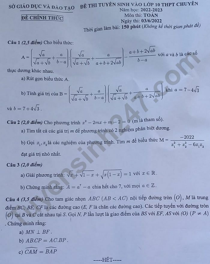 Đề thi chính thức vào 10 chuyên Toán năm 2022 Trường THPT Chuyên Hùng Vương - Bình Dương (có đáp án) (ảnh 1)