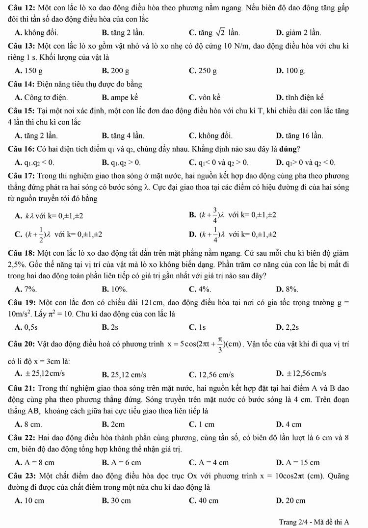 Đề thi thử THPT Quốc gia môn Vật lí năm 2023 Trường THPT Ninh Giang (Hải Dương) (Có đáp án) (ảnh 2)