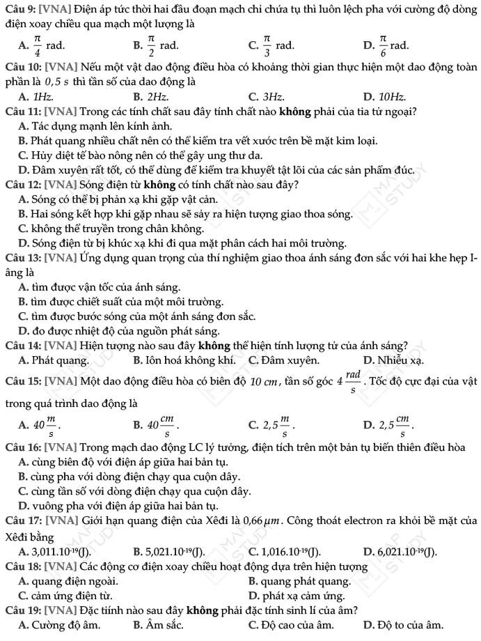 Đề thi thử THPT Quốc gia môn Vật lí năm 2023 Trường THPT Quảng Xương (Thanh Hoá) (Có đáp án) (ảnh 2)