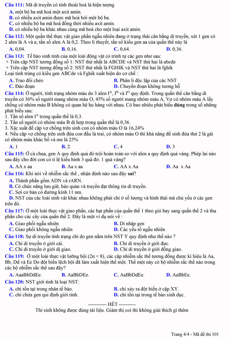 Đề thi thử THPT Quốc gia môn Sinh học năm 2023 Trường THPT Thuận Thành (Bắc Ninh) (Có đáp án) (ảnh 4)