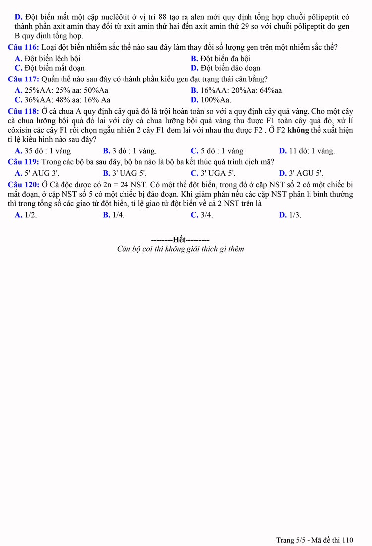 Đề thi thử THPT Quốc gia môn Sinh học năm 2023 THPT Kiến Thụy (Hải Phòng) (Có đáp án) (ảnh 5)