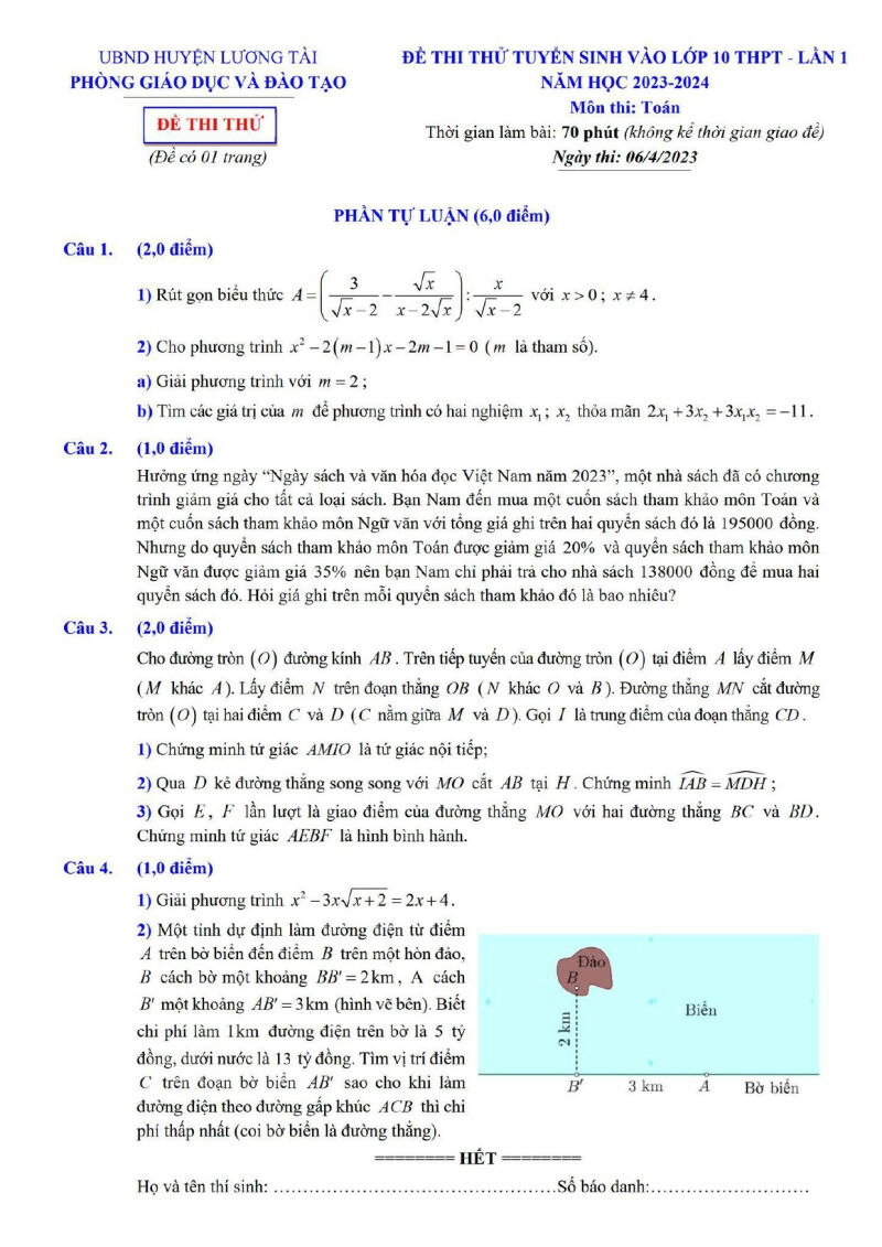 Đề thi thử vào 10 môn Toán năm 2023 Phòng GD&ĐT Lương Tài – Bắc Ninh (có đáp án) (ảnh 4)