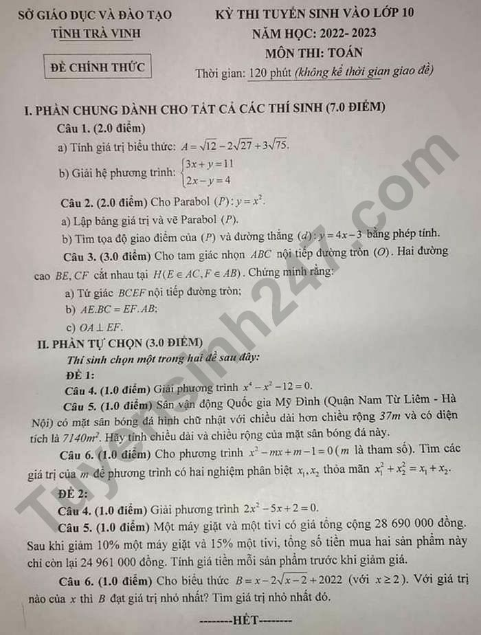 Bộ đề thi vào 10 môn Toán năm 2023 (ảnh 20)