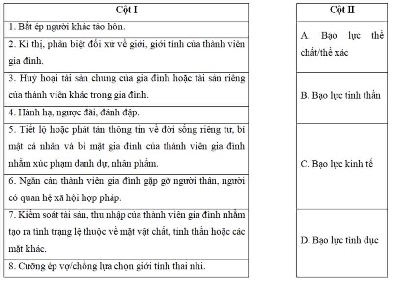 Hãy nối các hành vi ở cột I vào các hình thức bạo lực gia đình phổ biến ở cột II (ảnh 1)