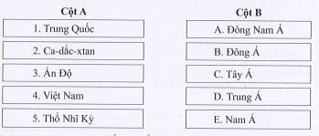 Hãy nối tên quốc gia ở cột A với tên khu vực tương ứng ở cột B sao cho đúng (ảnh 1)