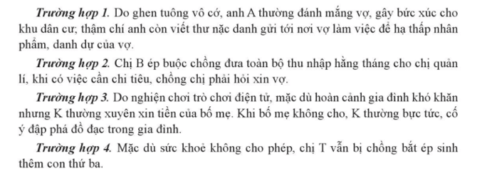 Em hãy cho biết hình thức bạo lực gia đình và tác hại của hành vi bạo lực gia đình trong mỗi trường hợp trên (ảnh 1)