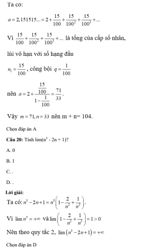 41 câu trắc nghiệm Giới hạn của dãy số (có đáp án) chọn lọc (ảnh 12)