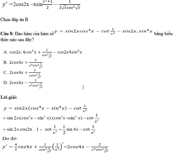 60 câu trắc nghiệm Đạo hàm của các hàm số lượng giác (có đáp án) chọn lọc (ảnh 8)