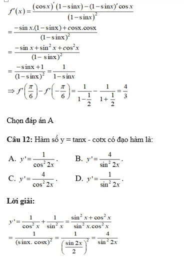 60 câu trắc nghiệm Đạo hàm của các hàm số lượng giác (có đáp án) chọn lọc (ảnh 10)
