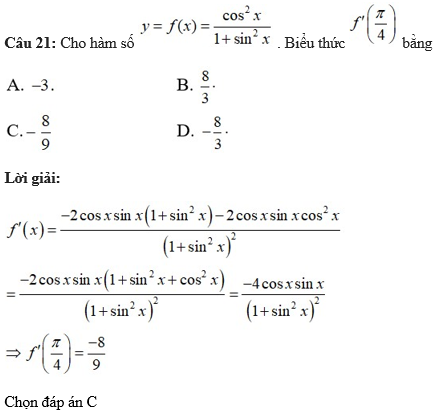 60 câu trắc nghiệm Đạo hàm của các hàm số lượng giác (có đáp án) chọn lọc (ảnh 19)