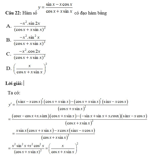 60 câu trắc nghiệm Đạo hàm của các hàm số lượng giác (có đáp án) chọn lọc (ảnh 21)