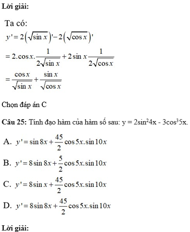 60 câu trắc nghiệm Đạo hàm của các hàm số lượng giác (có đáp án) chọn lọc (ảnh 23)