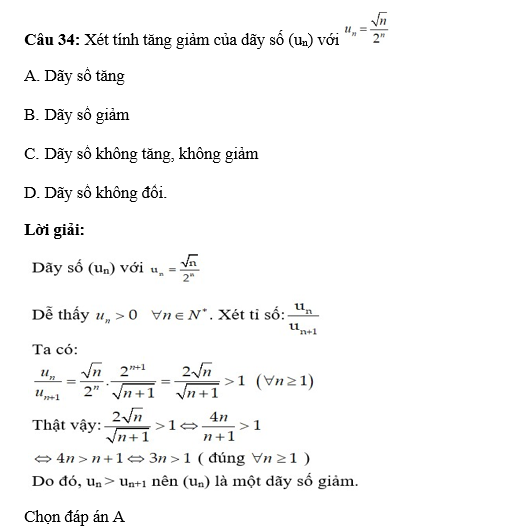 36 câu trắc nghiệm Dãy số (có đáp án) chọn lọc (ảnh 42)