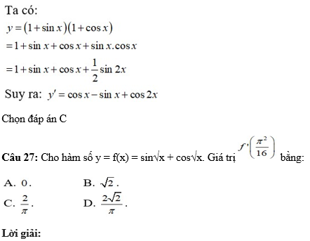 60 câu trắc nghiệm Đạo hàm của các hàm số lượng giác (có đáp án) chọn lọc (ảnh 25)