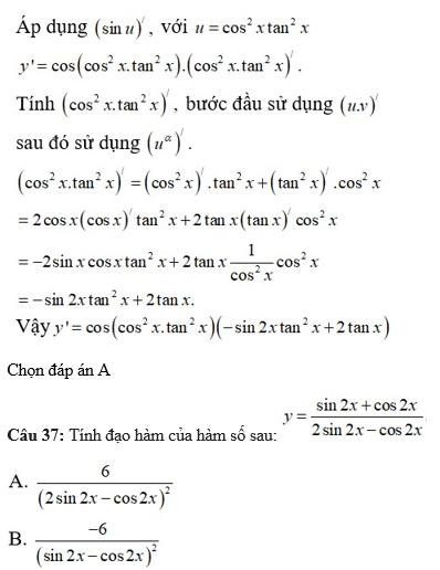 60 câu trắc nghiệm Đạo hàm của các hàm số lượng giác (có đáp án) chọn lọc (ảnh 5)