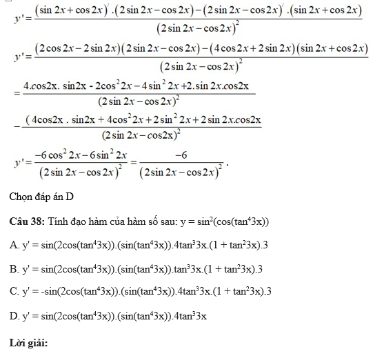 60 câu trắc nghiệm Đạo hàm của các hàm số lượng giác (có đáp án) chọn lọc (ảnh 7)