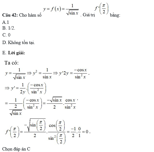 60 câu trắc nghiệm Đạo hàm của các hàm số lượng giác (có đáp án) chọn lọc (ảnh 14)