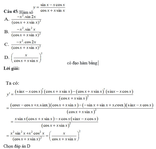 60 câu trắc nghiệm Đạo hàm của các hàm số lượng giác (có đáp án) chọn lọc (ảnh 16)