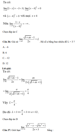 40 câu trắc nghiệm Giới hạn của hàm số (có đáp án) chọn lọc (ảnh 28)