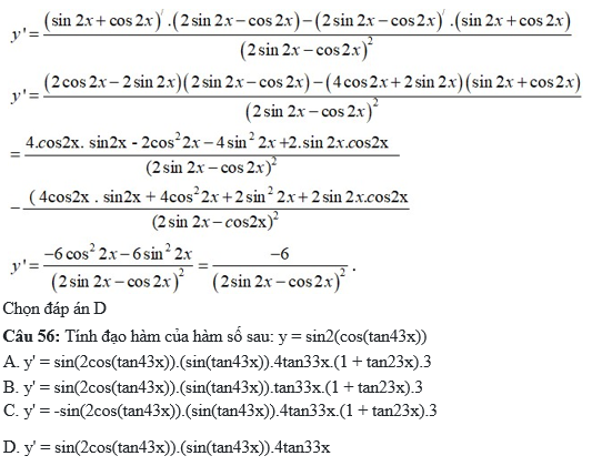60 câu trắc nghiệm Đạo hàm của các hàm số lượng giác (có đáp án) chọn lọc (ảnh 27)